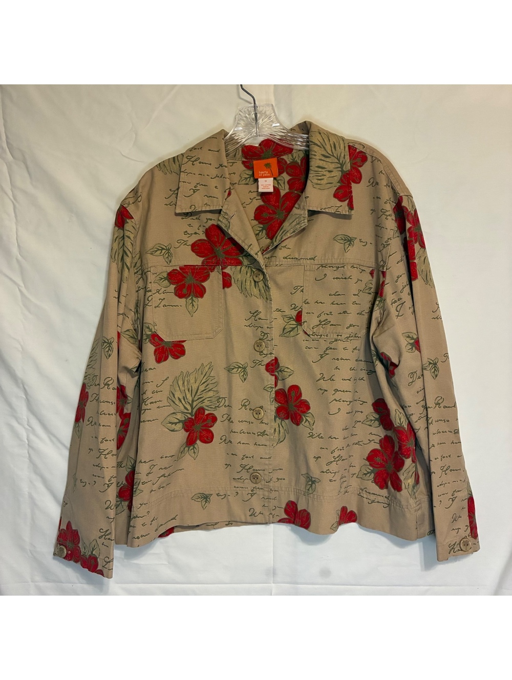 Vintage Hearts of Palm Tan Red Floral Lettering Print Utility Shacket Sz 18